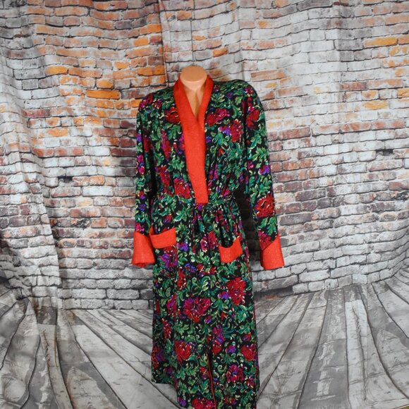 Victorias Secret Medium Gold Label Floral Satin Full Length Robe Pockets Belt - Picture 2 of 12